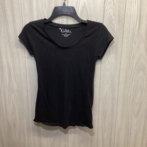 GLITZ Women's (Size M) Round Neck Short Sleeve Black T-Shirt Stretch